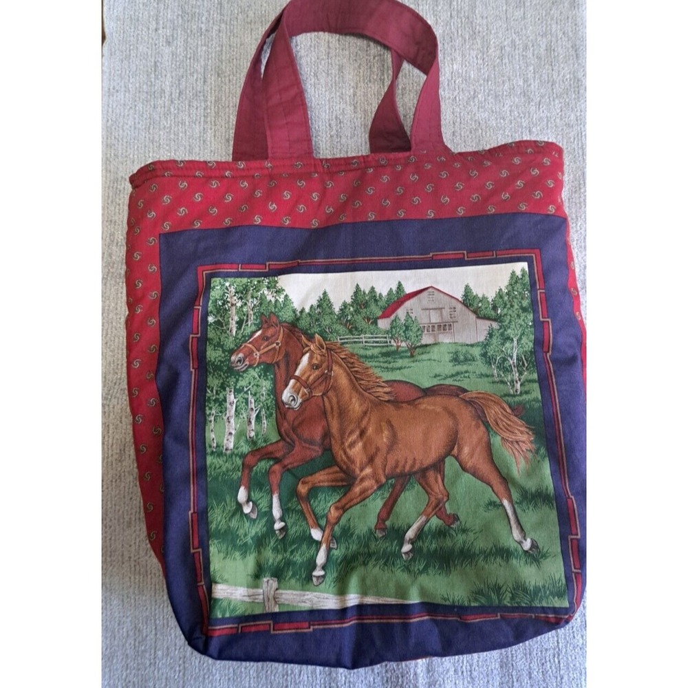 Horse Quilted Totebag Purse Burgundy Blue Puffy‎ Double Sided Shoulder Strapes